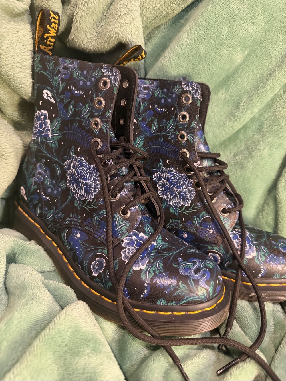 Dr. Martens Black Lace-Up Boots with Blue Floral Print